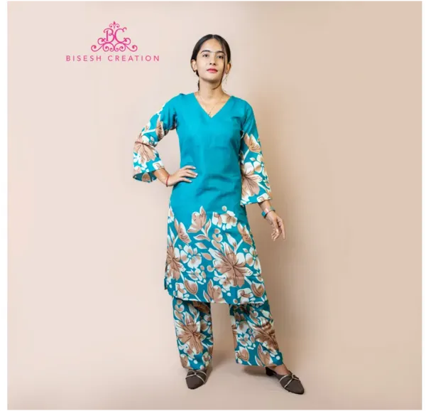 Bisesh Creation Dark Blue V-Neck Floral Printed Straight Kurta Pant Set For Women